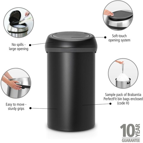 Brabantia Touch Bin XXL Szemetes - 60 Literes - Holdfény Fekete