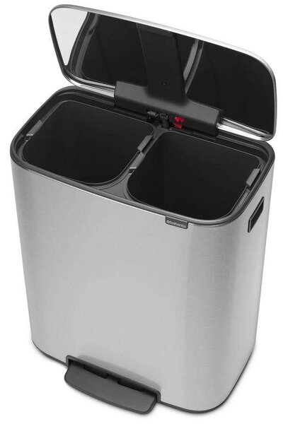 Brabantia Bo Pedal Bin pedálos szelektív hulladékgyűjtő szagmentesen záródó Soft-Close fedél, műanyag tartály, 2x30L - O méret, r.m. acél, selyem ujjlenyomatmentes - 211461