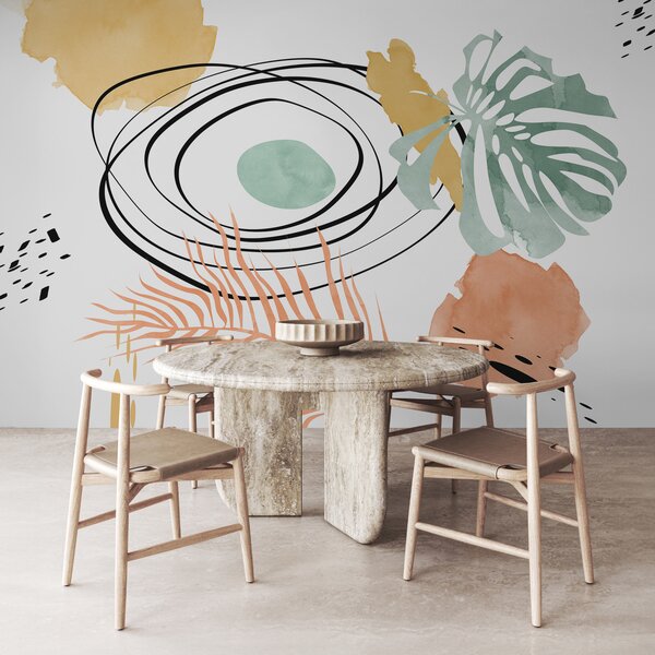 Fotótapéta Boho absztrakció, monstera és pálmalevél, ívelt vonalak, folt, geometriai, topográfiai, kék,, Fotótapéta modern, w01256 : Uwalls.hu