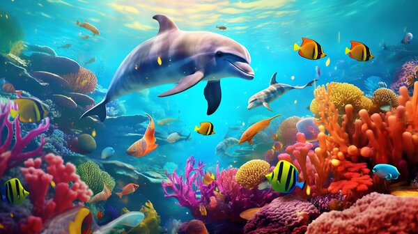 Fotótapéta Delfin úszik egy korallzátonyban, Gyerekszoba fotótapéta, Népszerű fotótapéta, u94773 - Tapeko.hu