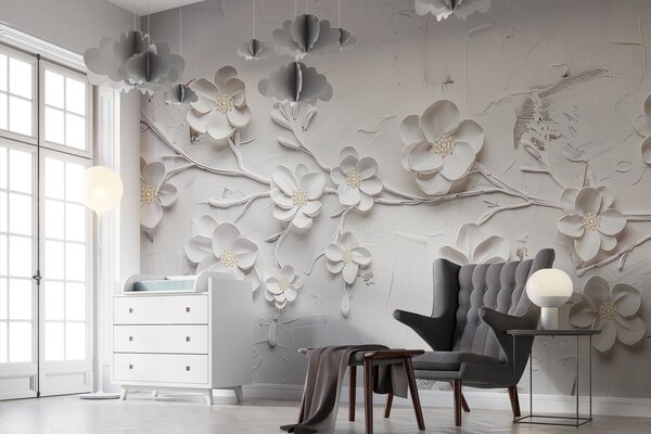 Fotótapéta Fehér texturált háttér 3D fehér virágokkal teljes virágzásban, ágakkal, 3d fotótapéta, Fotótapéta 3d virágok, w01226 : Uwalls.hu