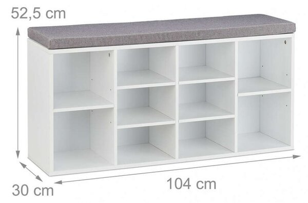 Fehér cipőtároló pad 10 tároló rekesszel 52,5x104x30 cm 10032209