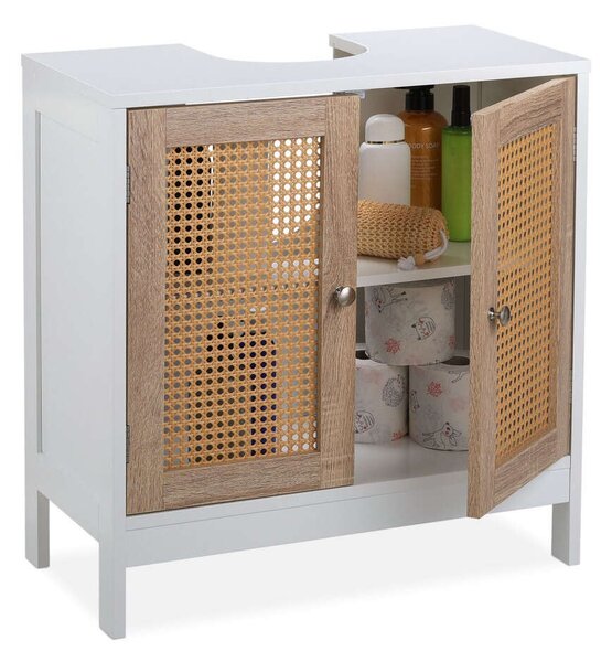 Rattan Ajtós Mosdó Szekrény - Fehér-Natúr - 61,5x60x30 cm
