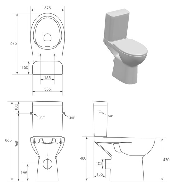 CERSANIT Sapho, ETIUDA WC kombitál megemelt Peremnélküli, hátsó hulladék, K11-0221