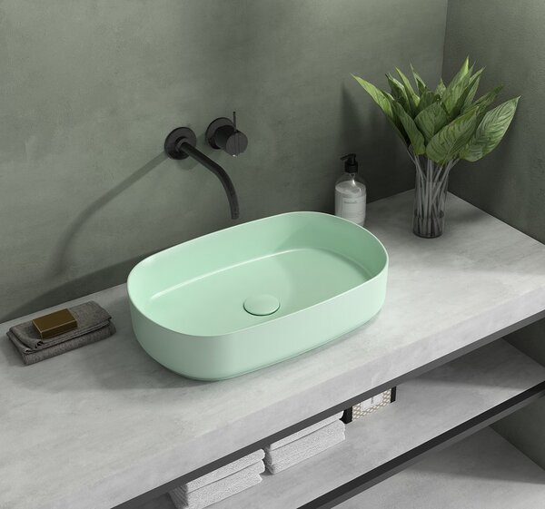 Isvea Isvea, INFINITY OVAL kerámia munkalap mosogató, 60x40 cm, matt zöld menta, 10NF65060-2T