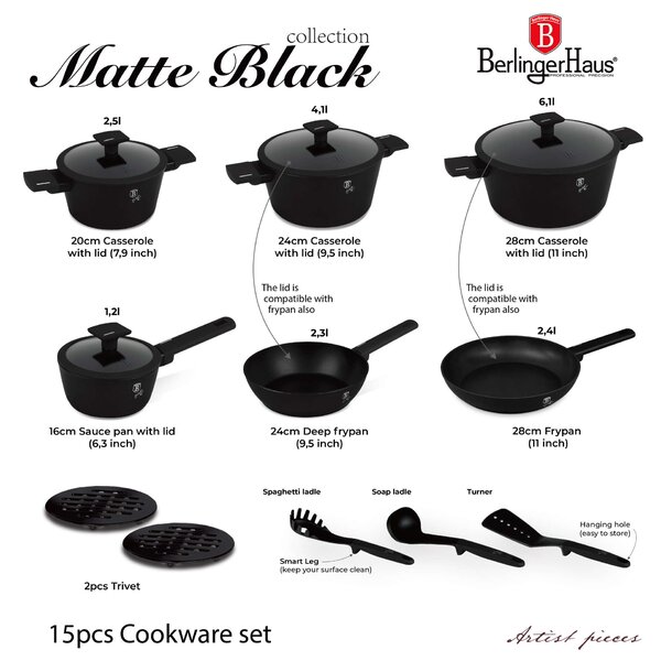 Berlinger Haus BH-8198 Matte Black Collectio 15 részes Edénykészlet, Matt fekete