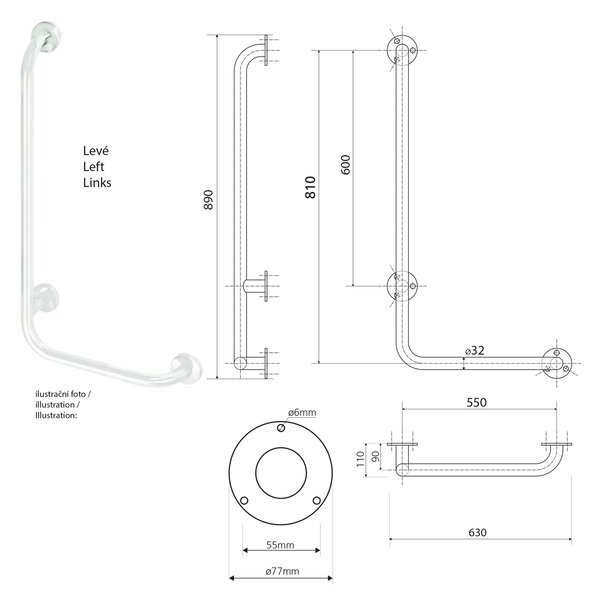 Sapho Sapho, fali fogantyú bal 810x550mm, rozsdamentes acél, XH522