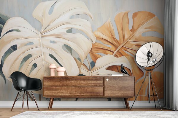 Fotótapéta Monstera levelek kecses ecsetvonásokkal, Modern fotótapéta, Modern fotótapéta, w08124 - Muralas.hu
