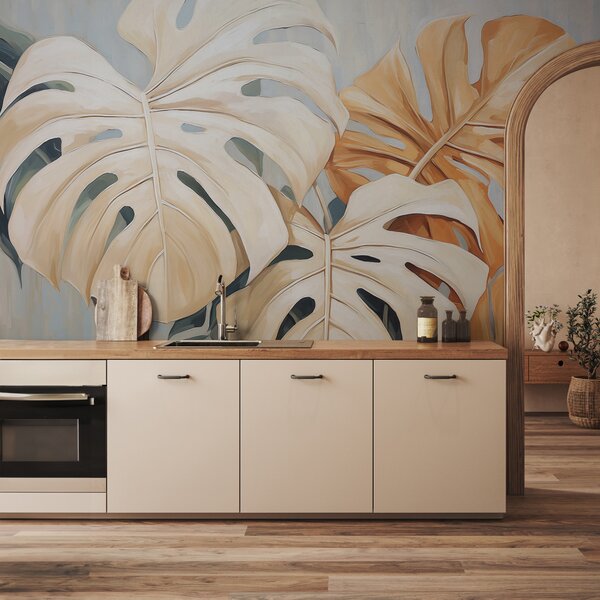 Fotótapéta Monstera levelek kecses ecsetvonásokkal, Modern fotótapéta, Modern fotótapéta, w08124 - Muralas.hu