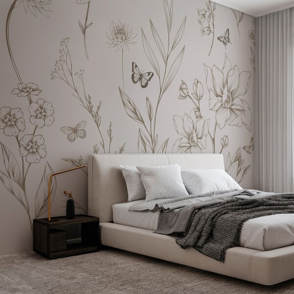 Fotótapéta Boho monokróm virágok és pillangók bézs színben, Fotótapéta állatok, Fotótapéta állatok pillangók, w08088v1 : Uwalls.hu