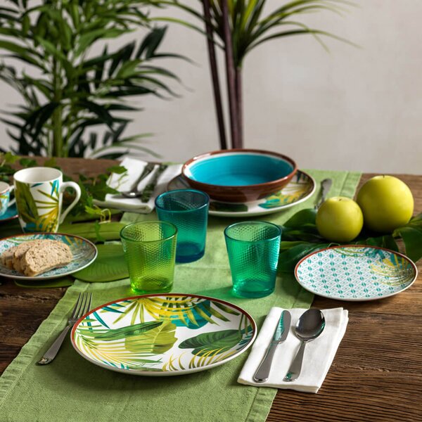 Őserdő modern porcelán étkészlet zöld fehér 18 részes