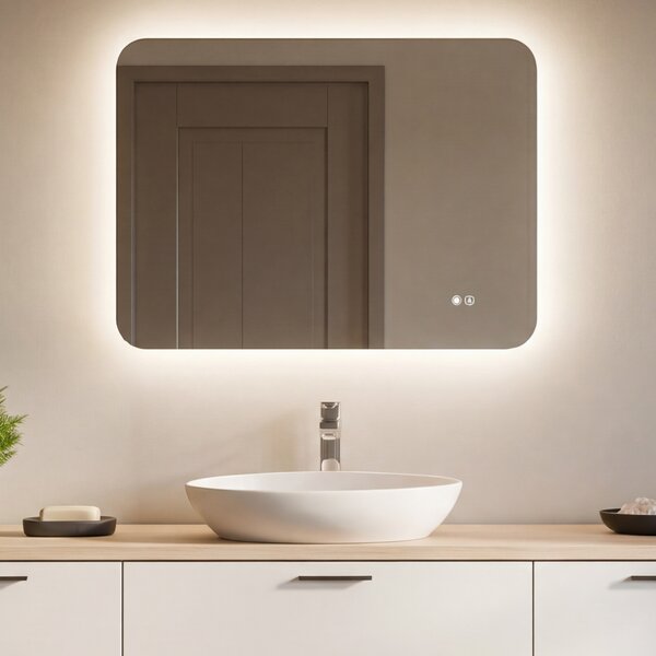 Lekerekített fürdőszobai tükör LED világítással 80x60@x70Px700x808x1008x120 cm, kétszínű, érintőkapcsoló, fűtőszőnyeg