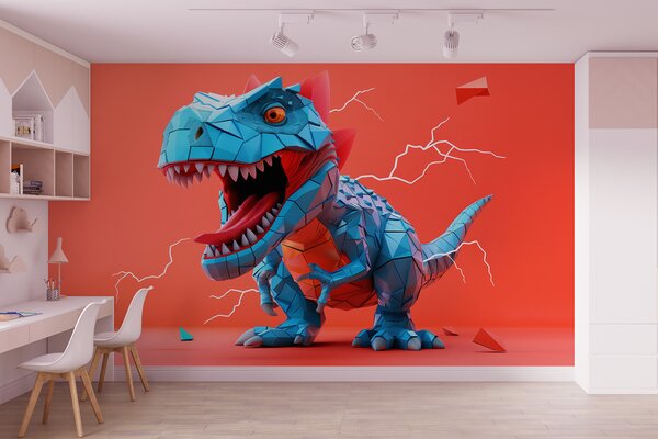 Fotótapéta Vad dinoszaurusz villámcsapással piros és kék színben, Gyerek fotótapéta, Gyerek fotótapéta dinoszauruszok, w01333 : Uwalls.hu