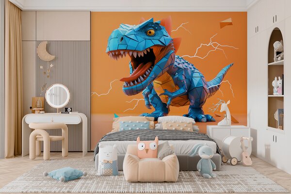Fotótapéta Vad dinoszaurusz villámcsapással sárga és kék színben, Gyerek fotótapéta, Gyerek fotótapéta dinoszauruszok, w01333v1 : Uwalls.hu