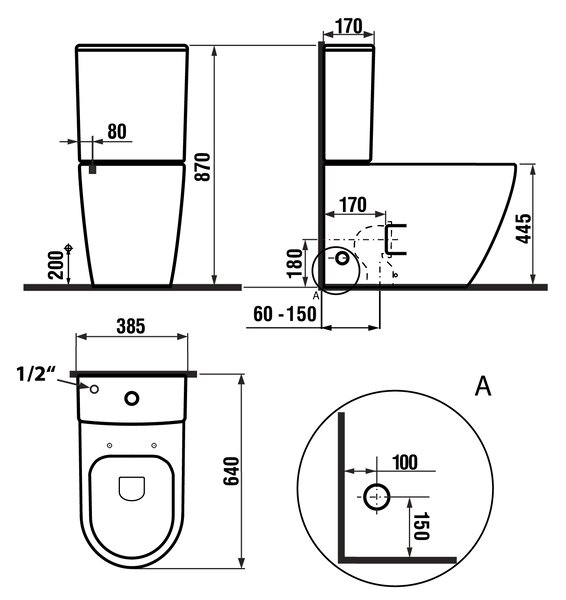 Sapho Sapho, TURKU RIMLESS WC kombi csésze megemelt, hátsó / hátsó hulladék