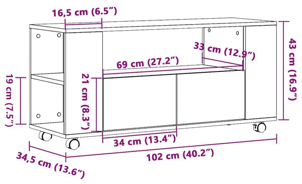 Antik fa színű szerelt fa TV-szekrény kerekekkel 102x34,5x43 cm