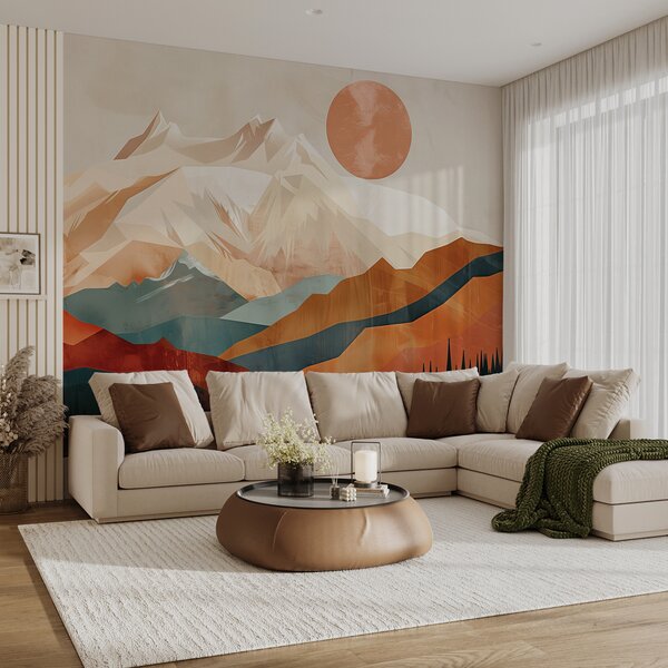 Fotótapéta Boho boldogság: hegyek, fák és napsütéses nyugodt táj, Panoráma fotótapéta, w01358 : Uwalls.hu
