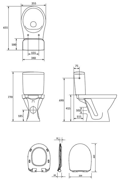 Cersanit Carsania II CleanOn WC kombi + lassan eső ülés, hátsó hulladék, 3 / 6l, K11-2340