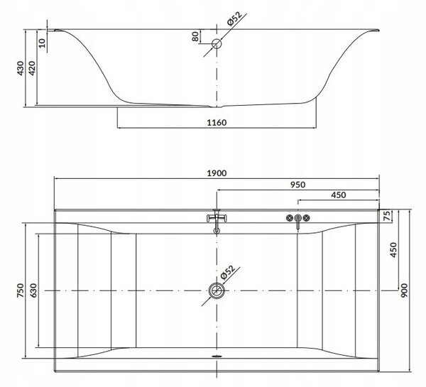 Cersanit Larga akril kád 190x90cm + lábak, fehér, S301-307