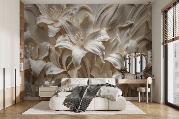 Fotótapéta Elegáns bézs 3D-s dombormű faragott liliomokból, 3d fotótapéta, Fotótapéta 3d virágok, w01433 : Uwalls.hu