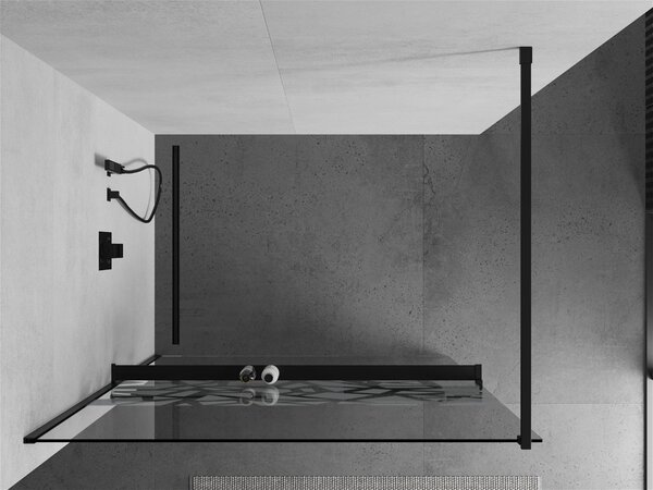 Mexen Kioto +, zuhany paraván polccal és törölközőtartóval 140 x 200 cm, 8mm üveg átlátszó üvegmintás fehér, fekete profil, 800-130-121-70-85