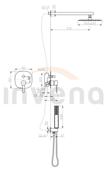Invena Glamour Trend, rejtett zuhanygarnitúra esőfejjel 22x22 cm, arany fényes, BS-02-0K9-V