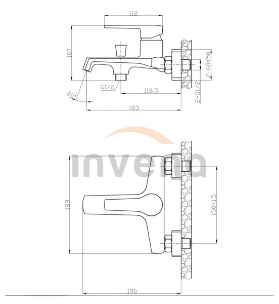 Invena Fira, falra szerelhető kádcsaptelep, fekete matt, BW-71-004-V