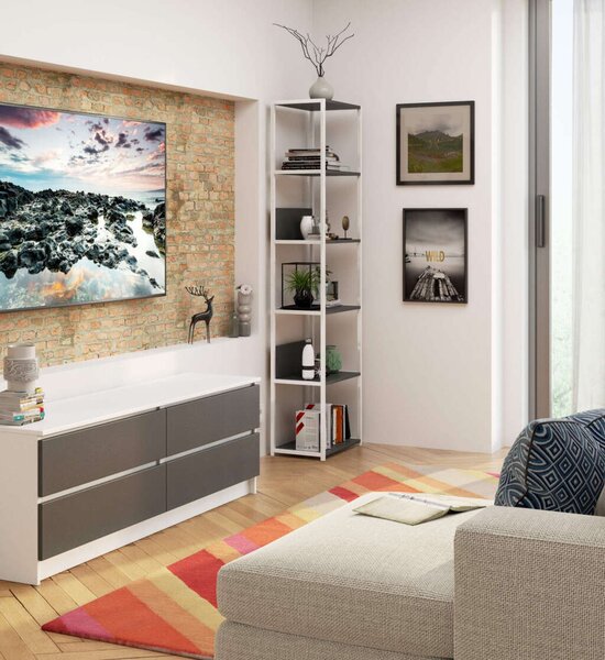 Loft Fém Polcrendszer - 6 Polc - 50x192x32 cm - Fehér/Szürke