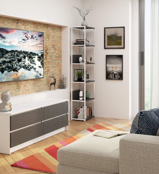 Loft Fém Polcrendszer - 6 Polc - 50x192x32 cm - Fehér/Szürke