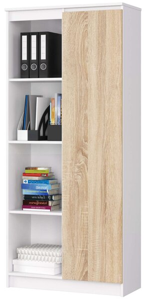 Akord - Stabil Mobilszekrény R80 1D 4P, Fehér/Dió Sonoma, Matt Laminált Lemez, 180 cm x 80 cm x 35 cm, 8 Polc, 1 Ajtó, Összeszerelhető Bútor