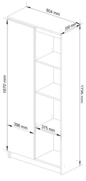 Akord - Stabil Mobilszekrény R80 1D 4P, Fehér/Dió Sonoma, Matt Laminált Lemez, 180 cm x 80 cm x 35 cm, 8 Polc, 1 Ajtó, Összeszerelhető Bútor