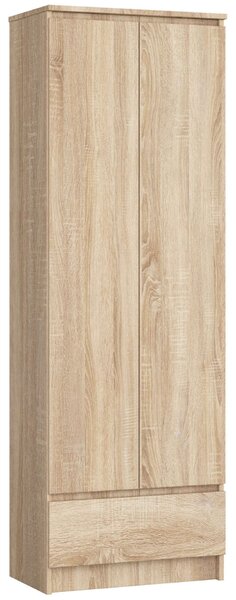 Akord Zárt Polcos Szekrény CLP Rendszer Diófa Hatású - 2 Ajtós, 1 Fiókos, 4 Polcos, 60x180x35cm, Domború Front, Matt Felület, Doboz-Záras Fiók, Lapraszerelt Diófa Sonoma