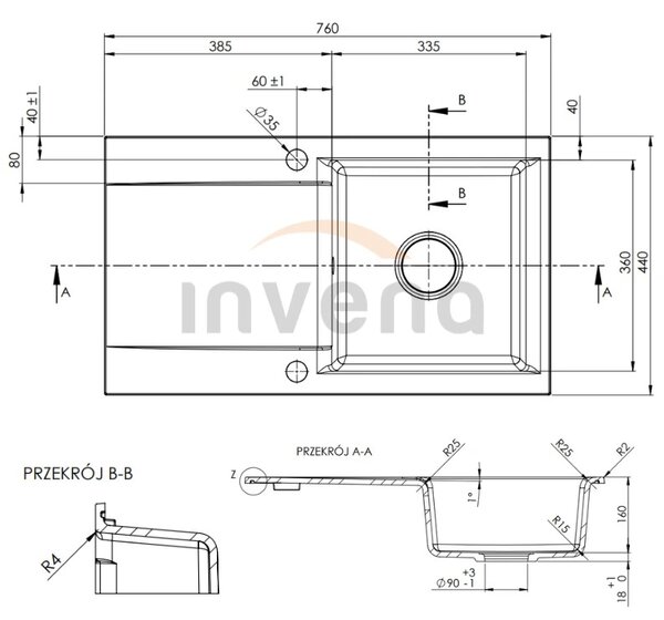 Invena Tesalia, 1 kamrás gránit mosogató lefolyóval 760x440x160 mm és Glamour konyhai csaptelep rugalmas karral + arany automata szifon, INV-AZ-01-Z4…