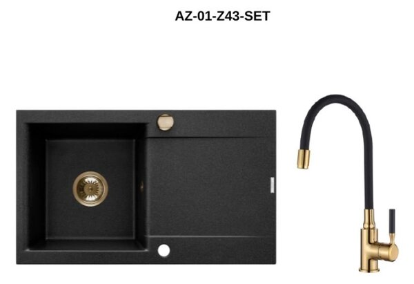 Invena Tesalia, 1 kamrás gránit mosogató lefolyóval 760x440x160 mm és Glamour konyhai csaptelep rugalmas karral + arany automata szifon, INV-AZ-01-Z4…
