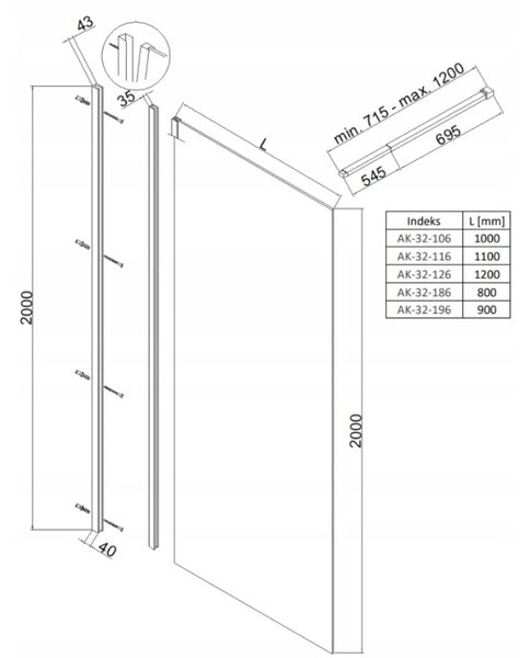 Invena Walk-In, zuhany paraván 80X200cm, 8mm átlátszó üveg, króm profil, INV-AK-32-186-O