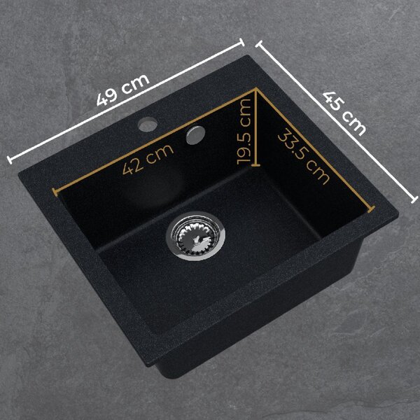 SINK Quality Mosogató Quality Ferrum 50, konyhai gránit mosogató 490x450x195 mm + szifon, fekete, SKQ-FER.C.1K50.X