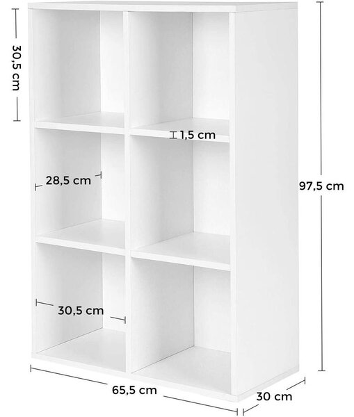 3 szintes könyvespolc, tárolópolc 6 rekesszel, fehér