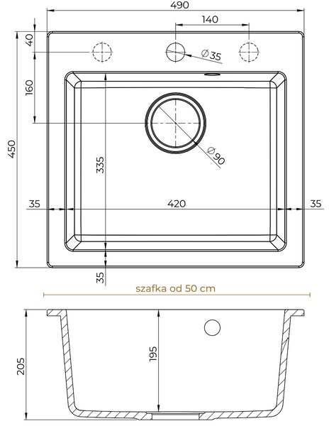 SINK Quality Mosogató Quality Ferrum 50, konyhai gránit mosogató 490x450x195 mm + szifon, fekete, SKQ-FER.C.1K50.X