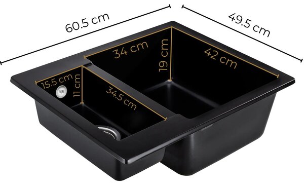 SINK Quality Mosogató Quality Ferrum, konyhai gránit mosogató 605x495x210 mm + fekete szifon, fekete foltos-BROCADE, SKQ-FER.B.5KBO.XB