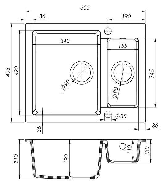 SINK Quality Mosogató Quality Ferrum, konyhai gránit mosogató 605x495x210 mm + fekete szifon, fekete foltos-BROCADE, SKQ-FER.B.5KBO.XB