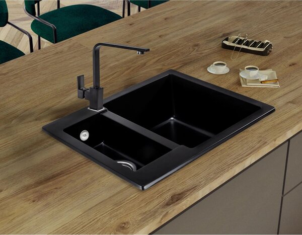 SINK Quality Mosogató Quality Ferrum, konyhai gránit mosogató 605x495x210 mm + szifon, fekete, SKQ-FER.C.5KBO.X