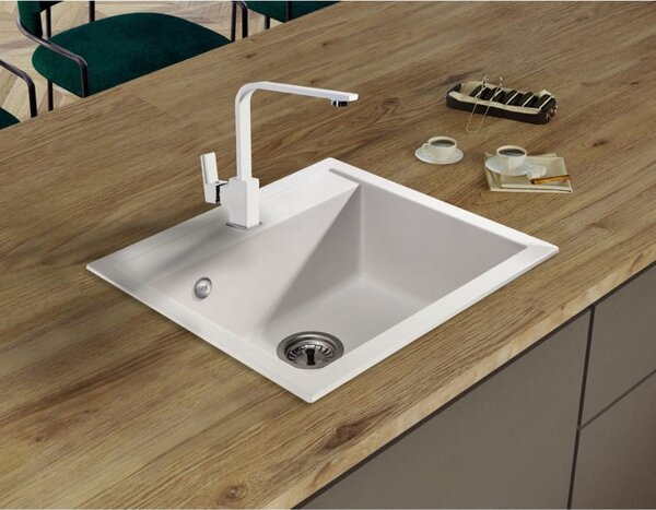 SINK Quality Mosogató Quality Ferrum, konyhai gránit mosogató 565x510x205 mm + fekete szifon, fehér, SKQ-FER.W.1K60.XB