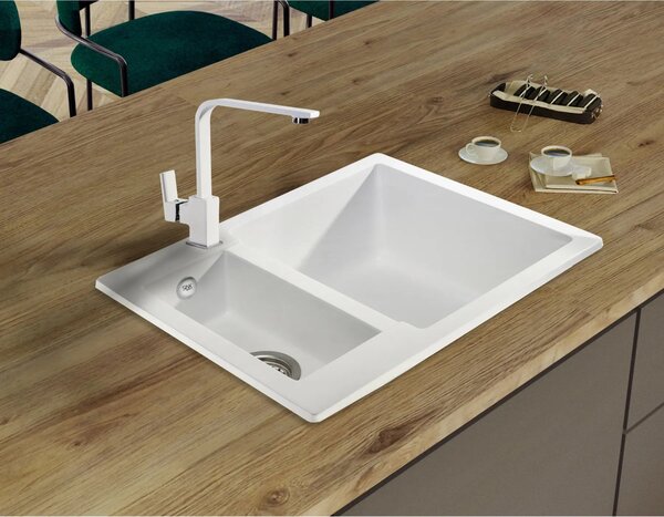 SINK Quality Mosogató Quality Ferrum, konyhai gránit mosogató 605x495x210 mm + fekete szifon, fehér, SKQ-FER.W.5KBO.XB