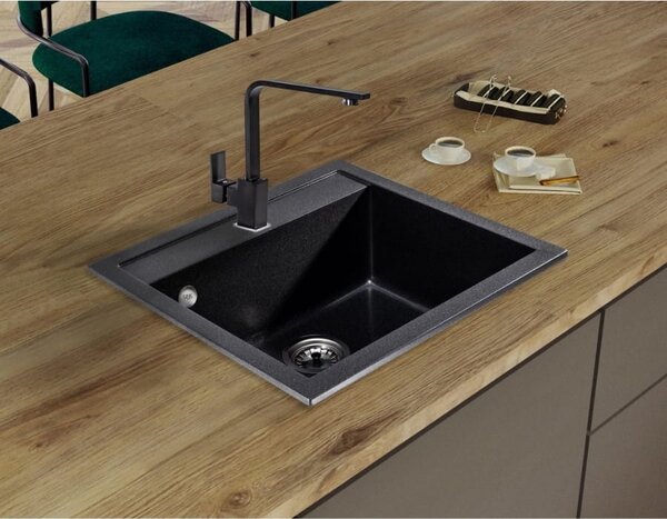 SINK Quality Mosogató Quality Ferrum, konyhai gránit mosogató 565x510x205 mm + arany szifon, fekete foltos-Brocade, SKQ-FER.B.1K60.XG