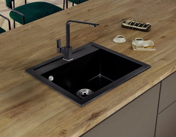 SINK Quality Mosogató Quality Ferrum, konyhai gránit mosogató 565x510x205 mm + arany szifon, fekete, SKQ-FER.C.1K60.XG