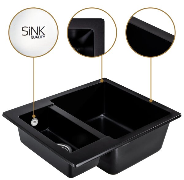 SINK Quality Mosogató Quality Ferrum, konyhai gránit mosogató 605x495x210 mm + szifon, fekete foltos-BROCADE, SKQ-FER.B.5KBO.X