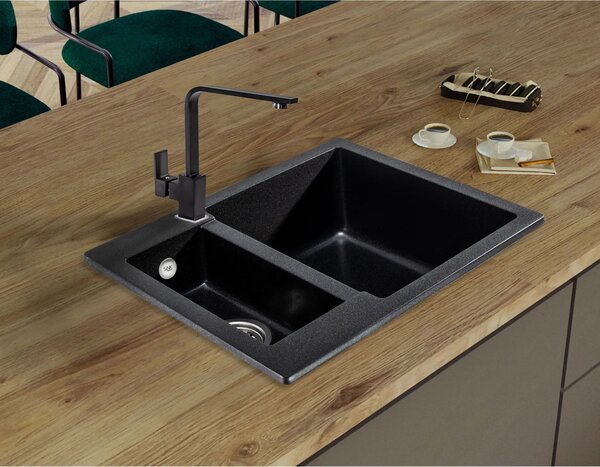 SINK Quality Mosogató Quality Ferrum, konyhai gránit mosogató 605x495x210 mm + fekete szifon, fekete foltos-BROCADE, SKQ-FER.B.5KBO.XB