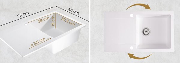 SINK Quality Mosogató Quality Ferrum, konyhai gránit mosogató 770x450x190 mm + arany szifon, fehér, SKQ-FER.W.1KDO.XG
