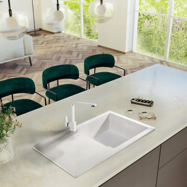 SINK Quality Mosogató Quality Ferrum, konyhai gránit mosogató 770x450x190 mm + arany szifon, fehér, SKQ-FER.W.1KDO.XG