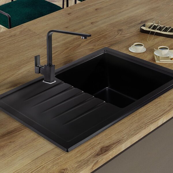 SINK Quality Mosogató Minőségi Titanite, konyhai gránit mosogató 680x495x215 mm + arany szifon, fekete, SKQ-TIT.C.1KKO.XG